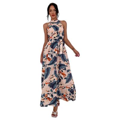 China 2021 New Design Breathable Fashion Print Halter Neck Tropical Maxi Dress Elegant Maxi Women Dresses for sale