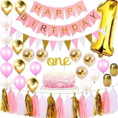 China Brithday Party First Birthday Party Decorations Set For Girl's 1st Baby Shower Kit Pink Balloon Happy Banner Party Supplies Balloons for sale