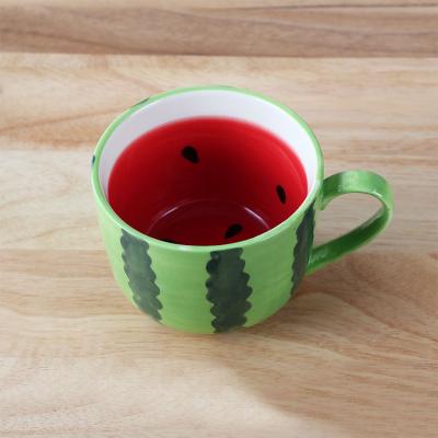 China Viable Sublimation Mugs 15oz Empty Watermelon Shaped Glazed Lid And Spoon Fruit Coffee Mug Bamboo Ceramic Mugs for sale