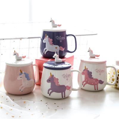 China Viable Custom Creative Gift Cute Unicorn Ceramic Coffee Mug Tea Cups With Lid for sale