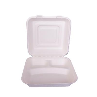 China 10 Inch Disposable Wholesale Custom Compostable Fast Food Packing Crate Bagasse 3 Grid Flip Cover Takeout Box for sale