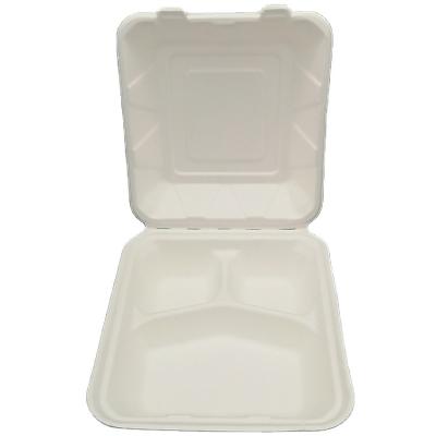 China Custom Wholesale Biodegradable Fast Food Takeout Box 3 Grid Bagasse Clamshell Biodegradable Lunch Box for sale