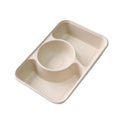 China Simple Bagasse Sugarcane Food Tray With Lid 3 Compartment for sale