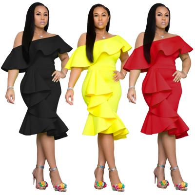 China Wholesale Plus Size Plus Size Summer Women Clothing Streetwear Dew Shoulder Lotus Collar Dress for sale