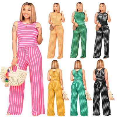 China Fashion Anti-Static Anti-Static Striped Suit Ladies Casual Clothes Pants Women's Sets Sleeveless Cotton Two-Piece Set Summer Two-Piece Pants for sale