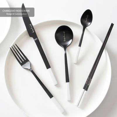 China Viable Stainless Steel 4 Pcs Flatware Set Flatware Business Gift Metal Black White OEM Customized Travel Heavy Camping Cutlery for sale