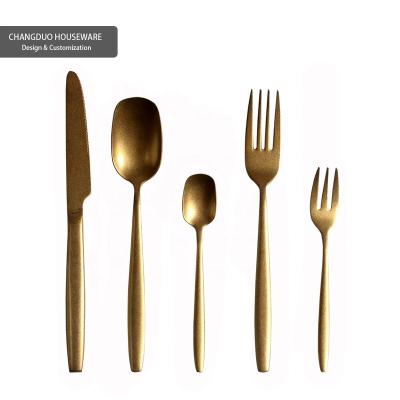 China Matte Retro Retro Gold Plated Irregular Texture Cutlery Low MOQ Custom Engraved Logo Dinner Spoon Fork Knife Set For Hotel Wedding for sale