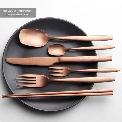 China Reusable Retro Gold Stainless Steel Tea Spoon Fruit Dinner Fork Pink Knife Chopsticks Reusable Cutlery Set Luxury Flatware Custom for sale