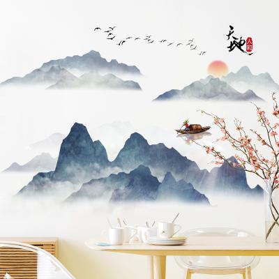 China Waterproof+Eco-friendly Ink Self-adhesive Landscape Wall Sticker Bedroom Office Living Room Decoration Chinese Mural for sale