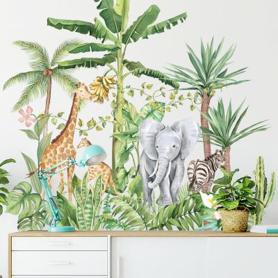 China Waterproof+ECO-Friendly+Self-adhesive Removable Cartoon Tropical Rainforest Wall Stickers Giraffe Elephant Living Room Bedside Background Bedroom Decals for sale