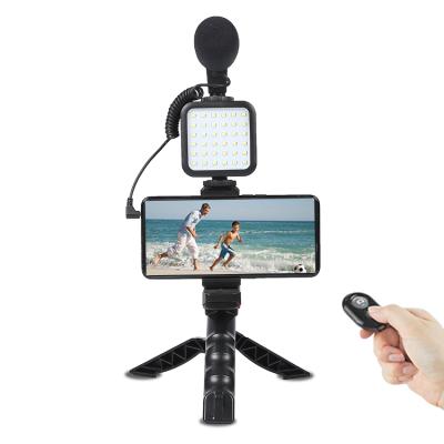 China Microphone Live Streaming Mini Video Recording Conference LED Video Camera Light Mobile Phone Shotgun Kit with Phone Tripod Mount for sale