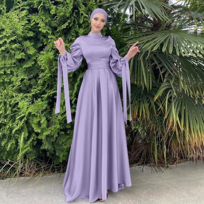 China Polyester abaya women muslim dress 2023 dubai Middle East Robe Dubai Satin Belt Skirt for sale