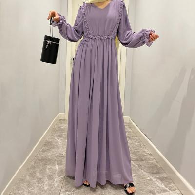 China Polyester Spring and Summer New Mushroom Edge Long Sleeve Dress Solid Women's Chiffon Long Dress for sale