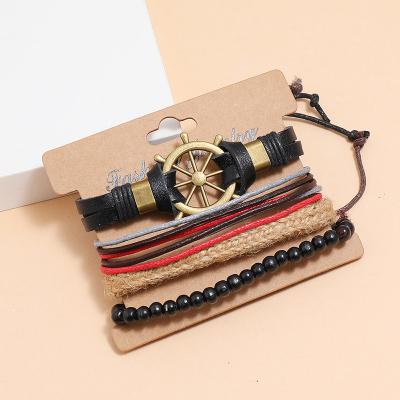 China Custom Made Simple Elegant Rudder Couples High Quality Vintage Braided Leather Bracelet 4pcs Set of Bracelets for sale