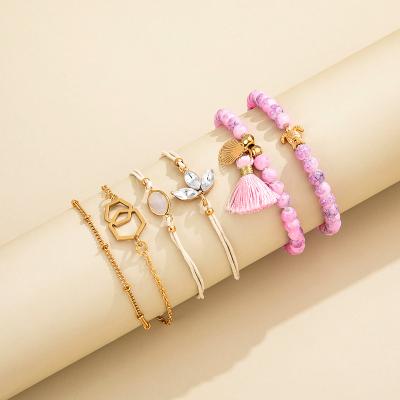 China Customized High Quality Women Pink Gemstone Bracelet Six Piece Set Jewelry Bracelets With Small Tassel for sale