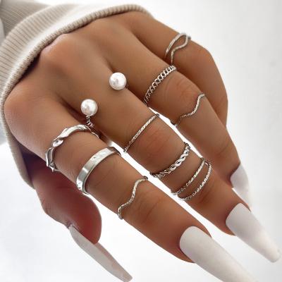 China High Quality Wholesale 10pcs/Set Custom Fashionable Rings Women Simple Pearl Sliver Plated Rings for sale