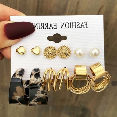 China Punk 6 Pair Women Shape Personality Leopard Print Earrings Exaggerated Metal Stud Earrings Wholesale for sale