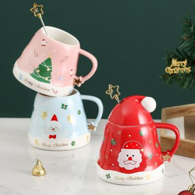 China Viable Christmas Ceramic Mugs With Lid And Spoon Gift Santa Clause Snowman Porcelain Christmas Tree Mug Set for sale