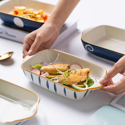 China 2020 Designs Factory Stoneware Cake Kitchenware Dessert Dish Pan Ceramic Baking Dishes With Handle Viable Ear for sale