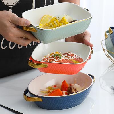 China Sustainable Nordic Ceramic Baking Pan Binaural Bakeware Microwave Oven Baking Dish and Filter Dinner Dish for sale