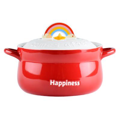 China HY Viable Wholesale Cartoon Creative Red Instant Noodles Roll With Lid Ceramic Bowl Cute Student Job Soup Bowl for sale