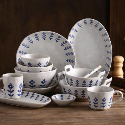 China Viable Ceramic Tableware Set Hand Painted Pottery Undercoat Tableware Rice Soup Bowl Salad Bowl Flavor Dish Water Cup Set for sale