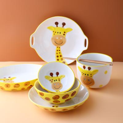 China HY Cartoon Viable Tableware Plates Creative Ceramic Tableware Set Giraffe Rice Bowl Spoon Dish Household Cutlery for sale