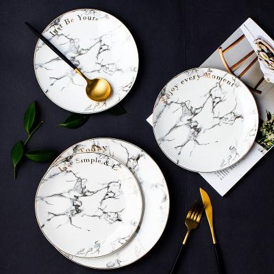 China HY Tableware Sustainable Marble Dish Ceramic Gold Inlaid China Dessert Dish Steak Salad Snack Cake Dish for sale