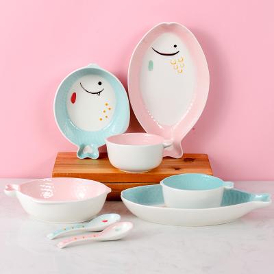 China Japanese Style Viable Children HY Cute Fish With Love Dinnerware Set Dish Bowl Sauce Dish Cartoon Ceramic Tableware for sale