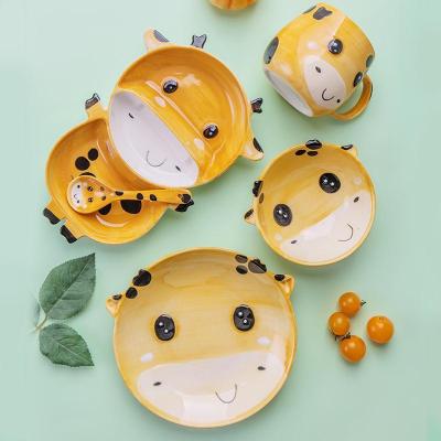 China Viable Gift Box With 5 Pieces Child Tableware Animal Ceramic Tableware Sets Cute Split Dish Breakfast Set Baby Rice Bowl for sale