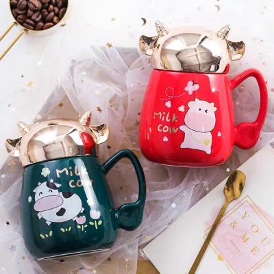 China New HY Viable Cartoon Creative Ceramic Mug With Lid, Spoon, Mug And Water Cup With Hand Gift for sale