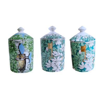 China HY Sustainable OEM Colorful Jungle Tins Diy Frosted Candle Jars Vintage Ceramic Candle Holder Jar With Lid Bulk Private Scented Holder for sale