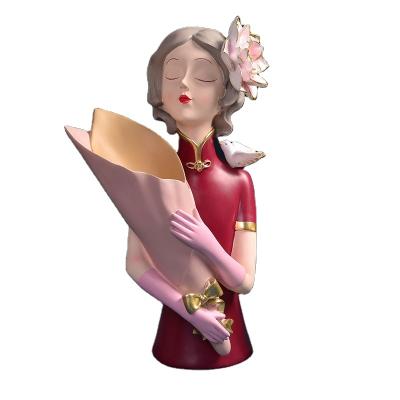 China Nordic Cheongsam Girl Resin Sculpture Character Model Modern Living Room Bedroom Vase Gift Decor Home for sale