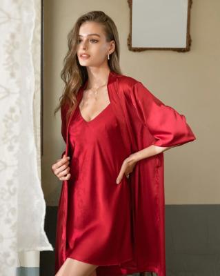 China 2022oem hot sale QUICK DRY silk women's two piece set long sleeve pajamas lace up underwear suspenders satin pajamas with sexy long robes wom for sale