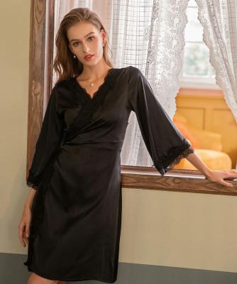 China New Custom Women's Custom Made Women's QUICK DRY Long Sleeve Silk Middle Robe Sleep Robe Sexy Satin Home Robe for sale