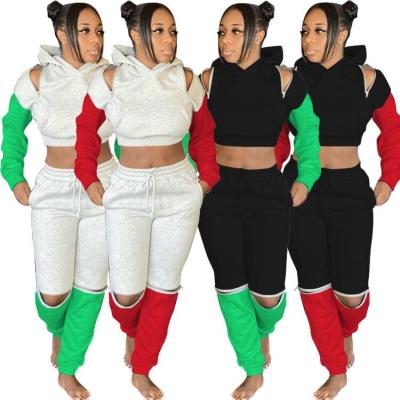 China 2022 New Arrivals Breathable Tracksuit Winter Women's Casual Jogging Two-Piece Set Crop Hooded Patchwork Sweatsuit for sale