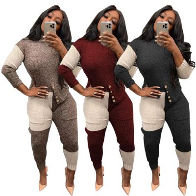 China 2021 Breathable Warm Sale Turtle Neck Sweater And Pants Suit Winter Women Apparel Patchwork Knitted Sweater 2 Piece Set for sale