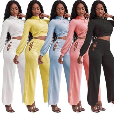 China 2021 Breathable Turtlrnrck Hot Selling Solid Main Crop 2 Piece Clothing Set Autumn Women Cavity Off Wide Leg Pants Set for sale