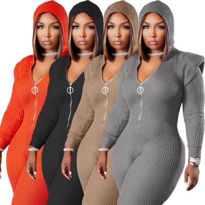 China Anti-pilling XL-4XL plus size overalls solid shoulder pads knitted jumpsuits for women knitted one piece hooded overalls for sale