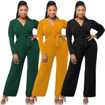 China 2021 Autumn New Anti-pilling Solid Loose Wide Leg Pants Romper For Women V-Neck Bandage One-Piece Overalls for sale