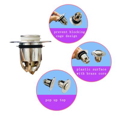 China Modern Plated Silver Plastic Lavatory Drain Sink Stopper With Anti Pop Up Blocking Filter Basket Plug Brass Core for sale