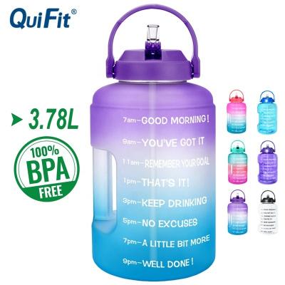 China QuiFit 3.78L Gallon Viable Water Bottle with Straw Time Marker and Phone Carrier Large Capacity BPA Free Motivational Water Jug for sale