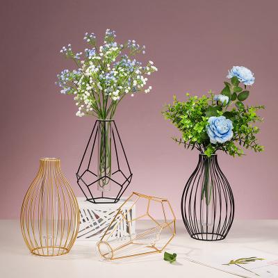 China Modern creative hollow glass tube iron hydroponic vase for decoration for sale