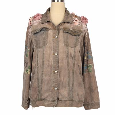 China Custom Logo Pearl Flower Camouflage Long Bomber Graphic Breathable Blush Pink Ladies Lattice Denim Jacket Women for sale