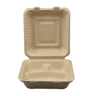 China Bagasse Pulp 8 Inch 3 Compartment Molded Disposable Food Container Pulp Lunch Box for sale