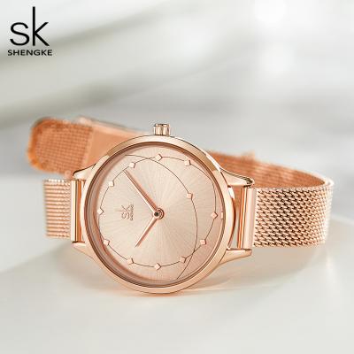 China Luxury Quartz Movement 2035 Mesh Rose Gold Waterproof Ladies Watch Japan Steel Steel Wristwatch Women's SHENGKE SK 0142 Waterproof for sale