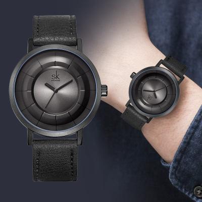 China Stylish Water Resistant SHENGKE Men Watch Leather Band Matte Black Watches Japanese Quartz Watches Man Gift K9015G for sale