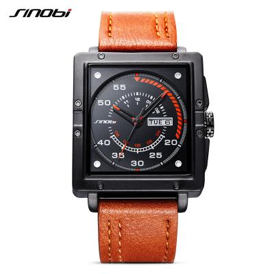 China Quartz Leather Movement Water Resistant SINOBI Square Men's Watch Square Hollow Indicator Double Day Calendar Cool Band S9761G for sale