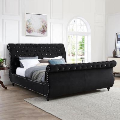 China Luxury Leather Crushed Bed Tufted Sleigh Bed Tatami King Platform Upholstered Black Fabric Soft Chesterfield Bed Frame for sale