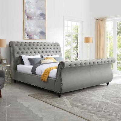 China Modern Luxury Ornate Bed Room Furniture Double Queen Size Adult Bed Designs King Bed Fra de Gray Velvet Crushed Tufted Chesterfield Sleigh for sale